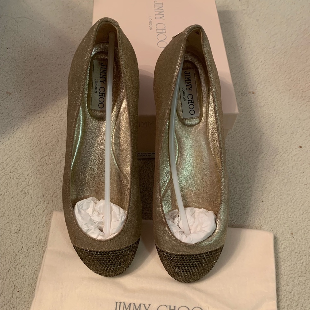 Jimmy Choo Gold crystal tie flats